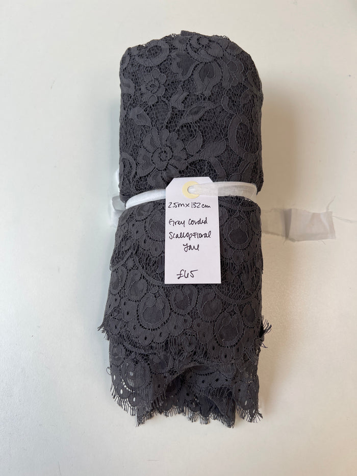 Grey Corded Scallop Floral Lace Remnant