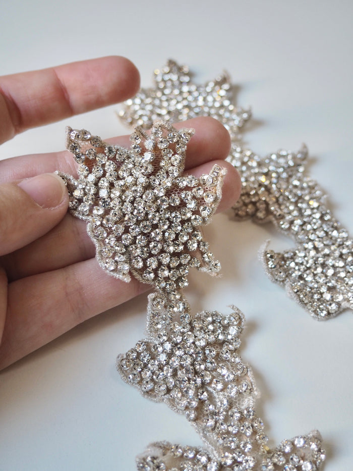 Hand Beaded Medium Silver Floral Crystal Appliqué
