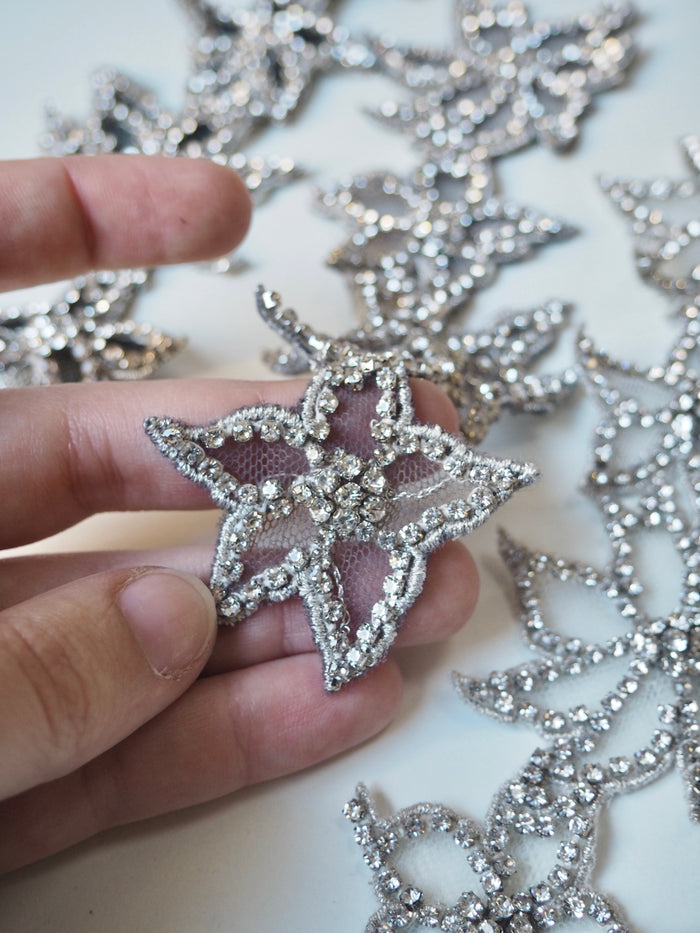 Hand Beaded Medium Silver Outline Floral Crystal Appliqué
