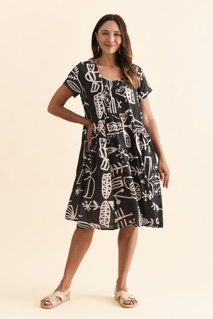 Hanoi Black Garden Cotton Blend Dress,Brunette model,alt text|model:Cara