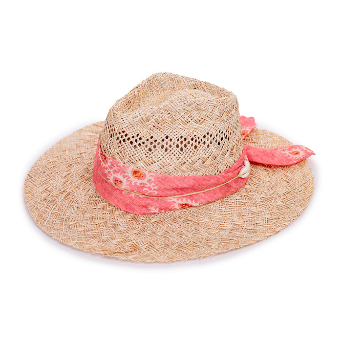 Natural straw Panama hat with a pink patterned cotton band and jute seashell rope trim on a white background.