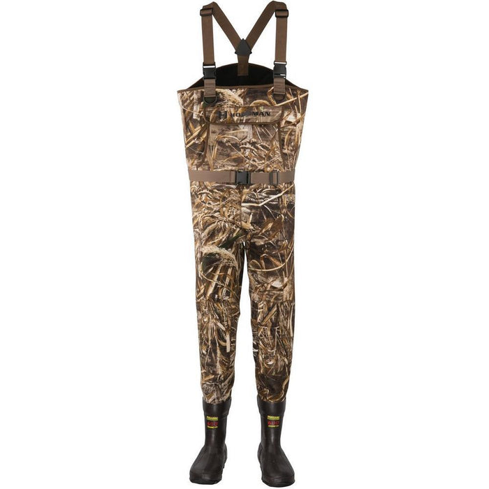 Hodgman Brighton camo neoprene bootfoot waders with reinforced knees, adjustable suspenders, and insulated rubber boots.