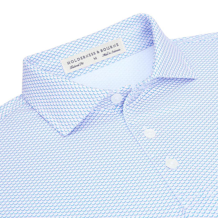 Light blue Holderness & Bourne Davenport polo with micro-perforated Airation fabric, spread collar, and shell buttons.