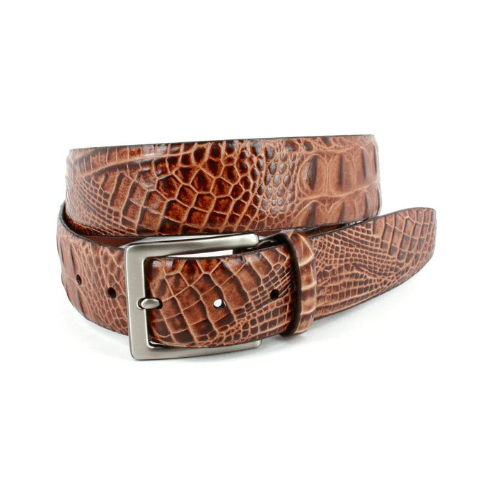 Brown hornback crocodile-embossed calfskin belt with a gunmetal satin buckle and 38mm width.