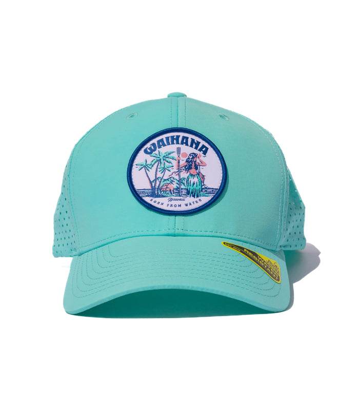Front view of the Waihana Hula Diver Hydro Hat in teal, featuring a circular embroidered patch with a hula dancer, palm trees, and the text 'Waihana Hawaii Born From Water' on a white background.
