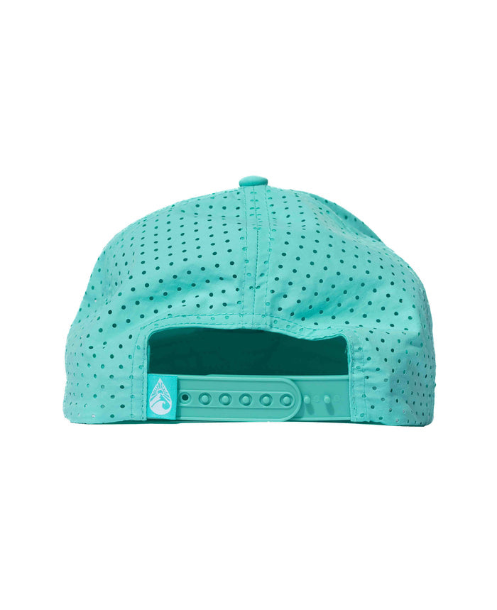 Rear view of the Waihana Hula Diver Hydro Hat in teal, showcasing the perforated fabric, adjustable snap closure, and Waihana logo tag.