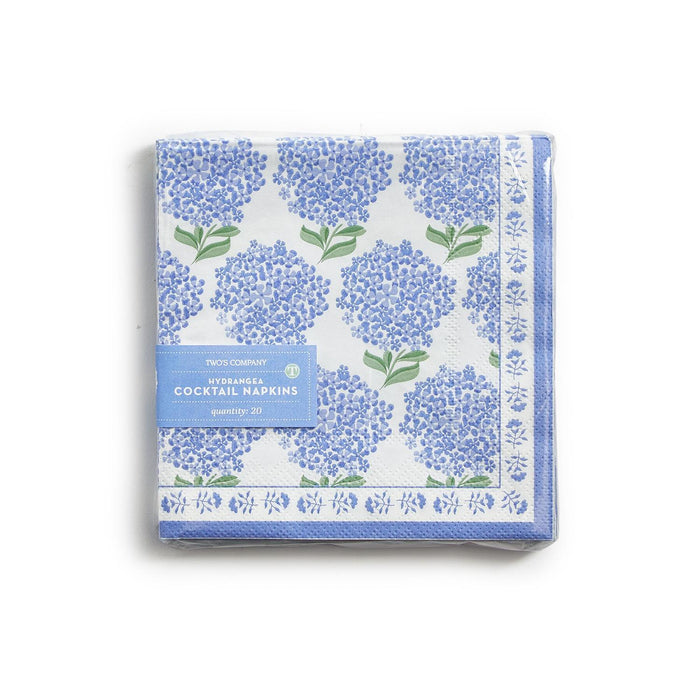 Pack of 20 square 3-ply paper cocktail napkins featuring a blue and white hydrangea floral pattern with a decorative border.