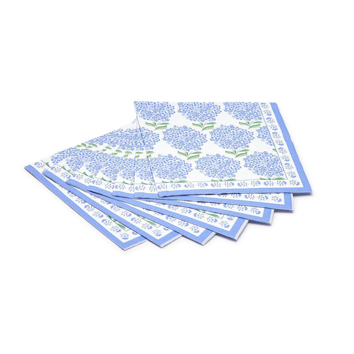 Set of 5-inch square 3-ply paper cocktail napkins featuring a blue and green hydrangea floral pattern on a white background.