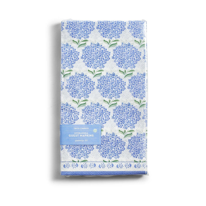 Pack of 20 blue and white 3-ply paper guest napkins featuring a delicate hydrangea floral print.