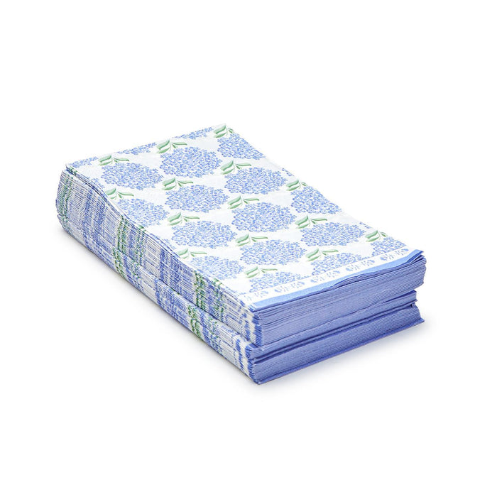 Stack of 3-ply paper guest towels featuring a blue hydrangea floral pattern on a white background.