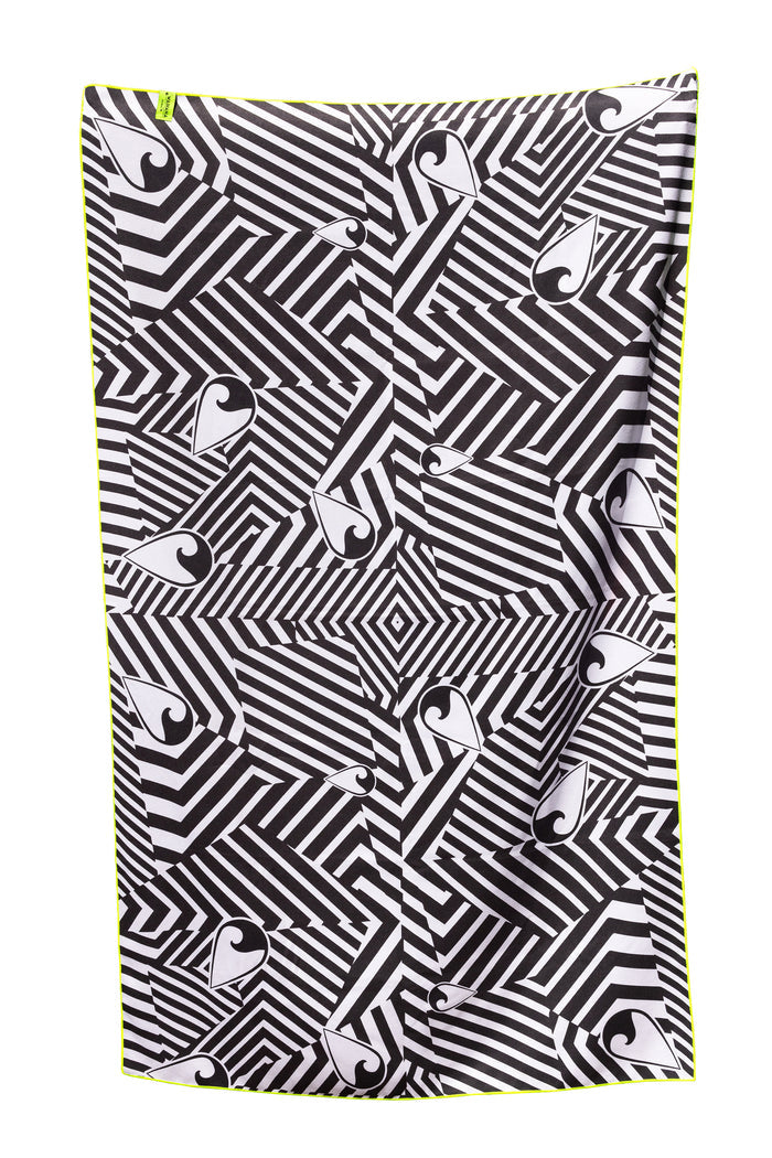 Waihana HydroTech Towel in black and white geometric maze pattern with repeated brand logos and neon yellow trim, displayed flat on a white background.