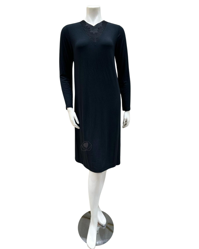Iora Lingerie 23413A Black Modest V Neck Lace Modal Nightshirt myselflingerie.com