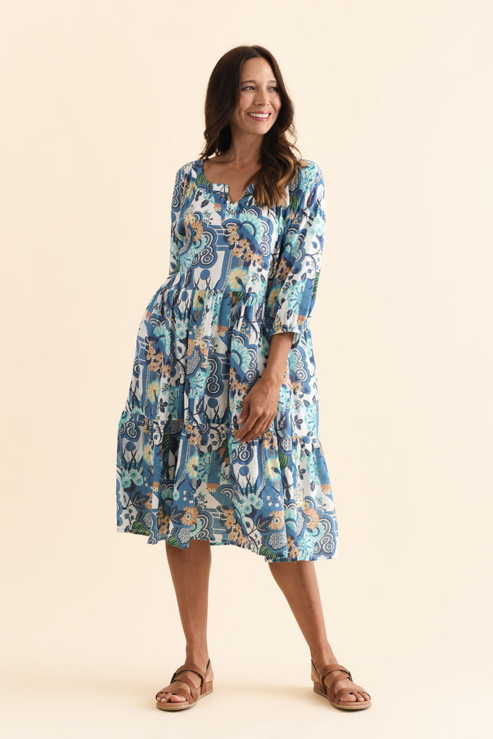 Irene Blue Floral Cotton Blend Dress,Brunette model,alt text|model:Cara