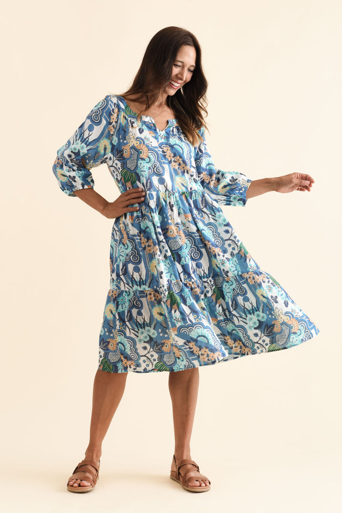 Irene Blue Floral Cotton Blend Dress,Brunette model,alt text|model:Cara
