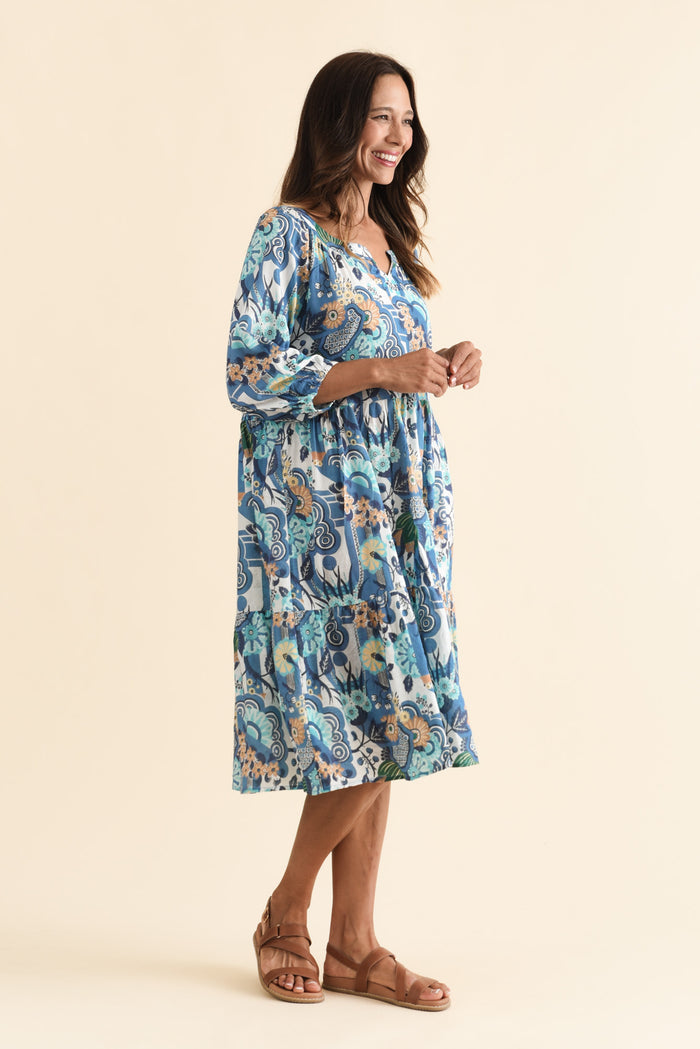 Irene Blue Floral Cotton Blend Dress,Brunette model,alt text|model:Cara