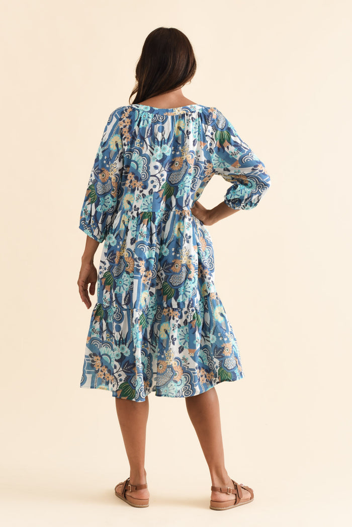 Irene Blue Floral Cotton Blend Dress,Brunette model,alt text|model:Cara