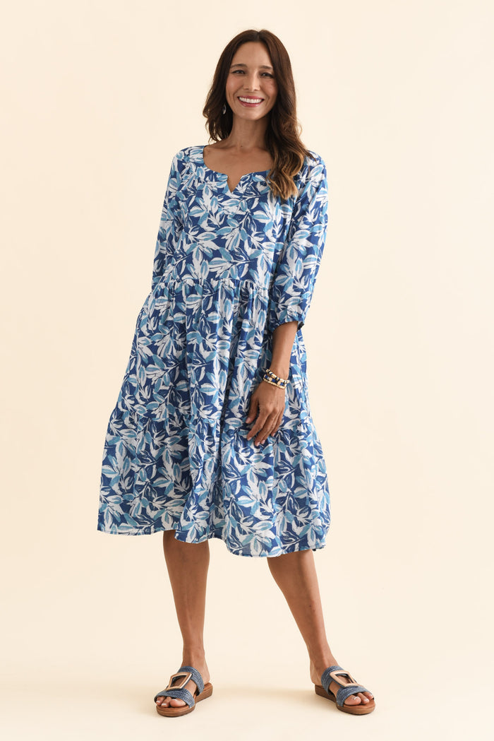 Irene Blue Leaf Cotton Blend Dress,Brunette model,alt text|model:Cara