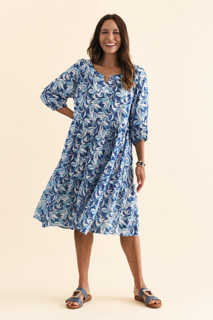 Irene Blue Leaf Cotton Blend Dress,Brunette model,alt text|model:Cara