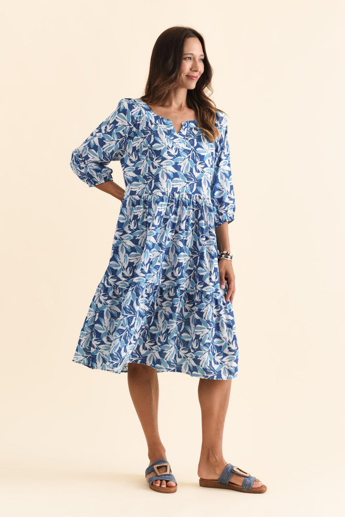 Irene Blue Leaf Cotton Blend Dress,Brunette model,alt text|model:Cara