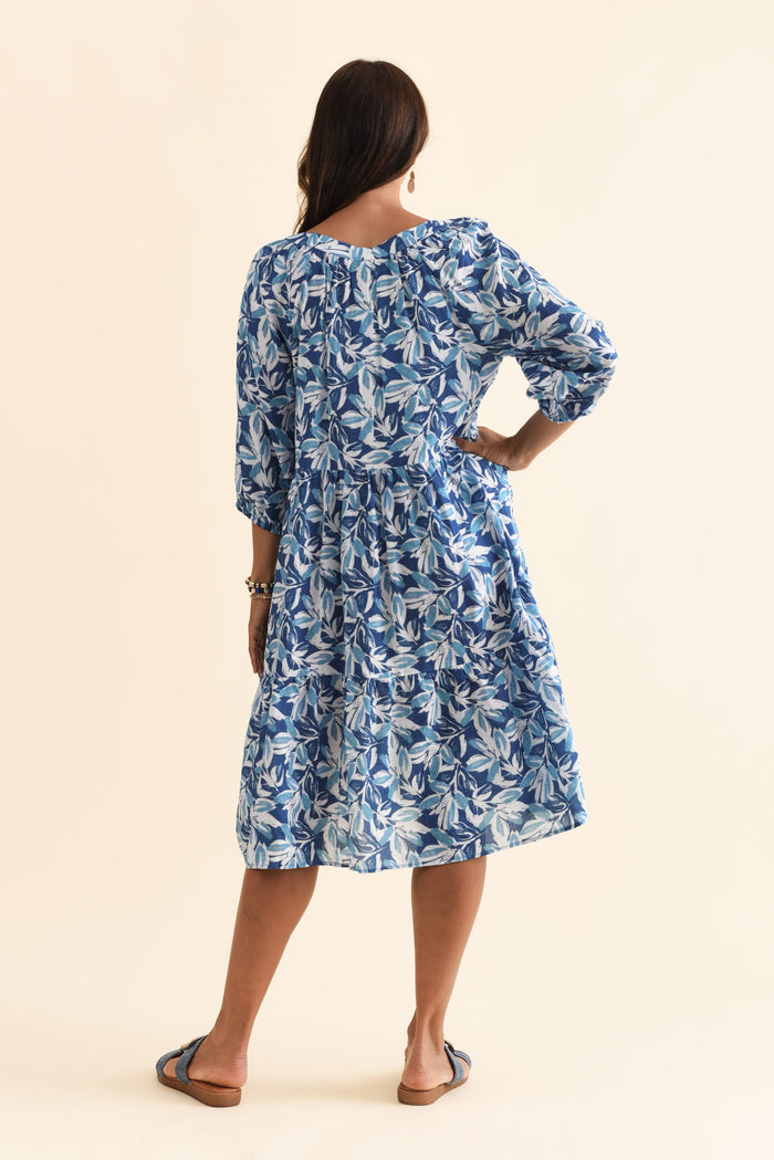 Irene Blue Leaf Cotton Blend Dress,Brunette model,alt text|model:Cara