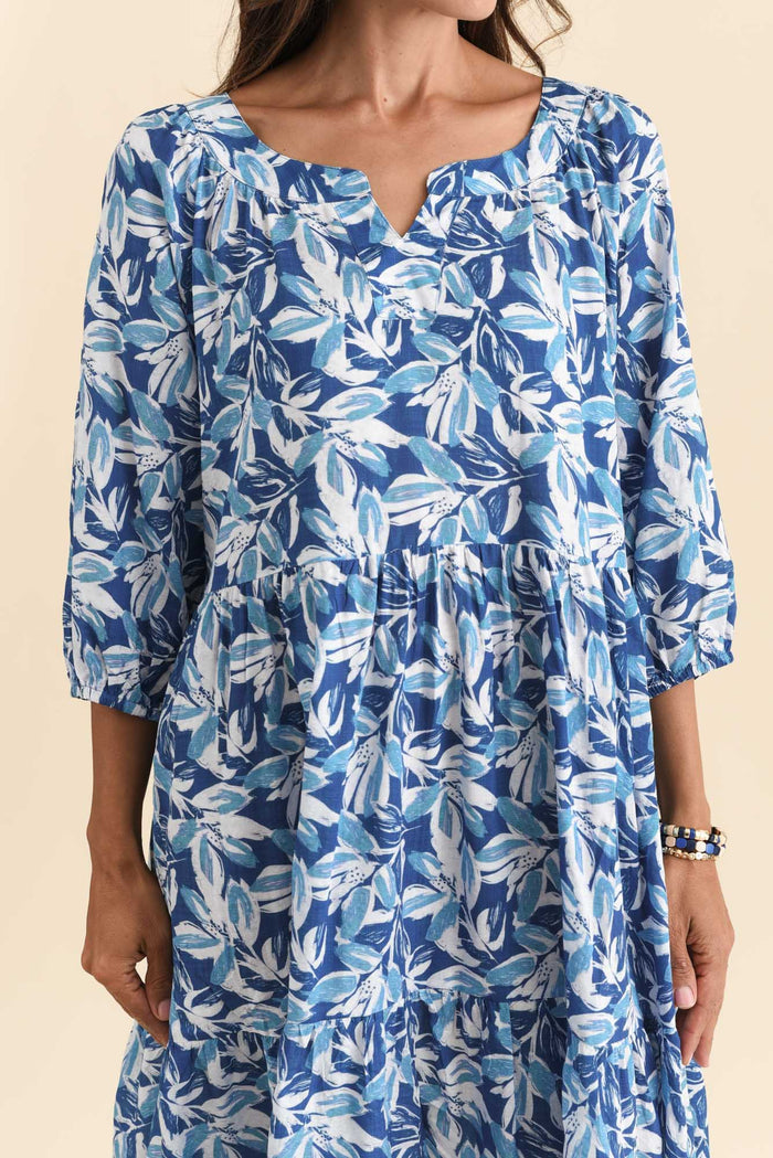 Irene Blue Leaf Cotton Blend Dress,Brunette model,alt text|model:Cara