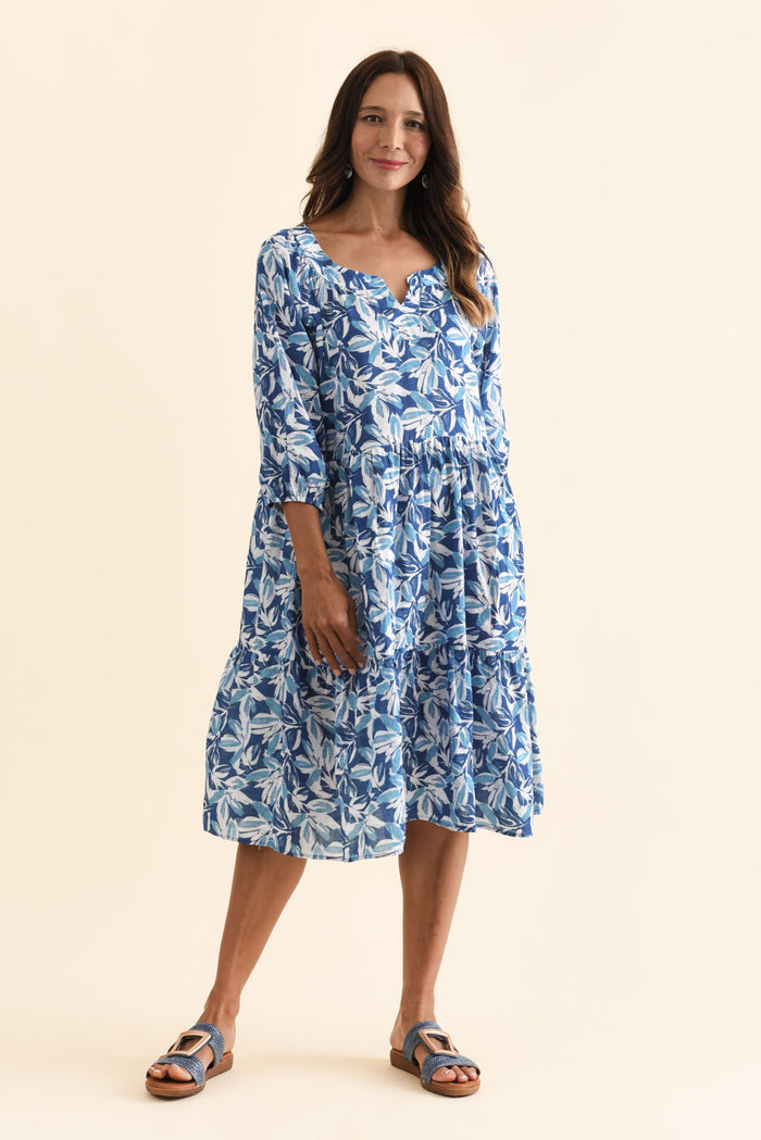 Irene Blue Leaf Cotton Blend Dress,Brunette model,alt text|model:Cara