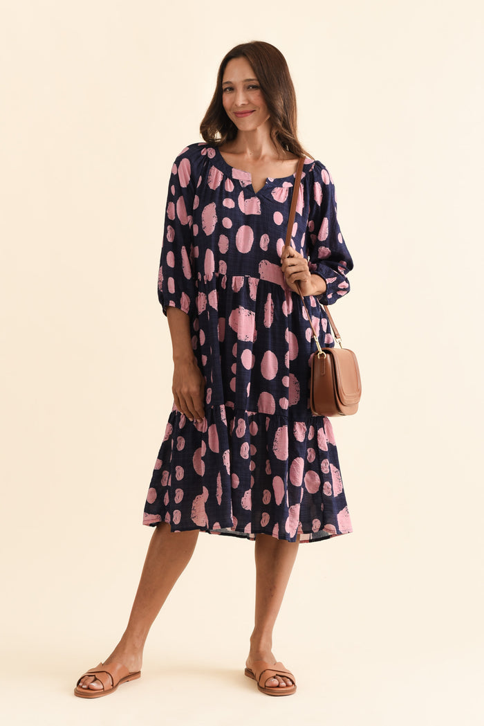 Irene Navy Spot Cotton Blend Dress,Brunette model,alt text|model:Cara
