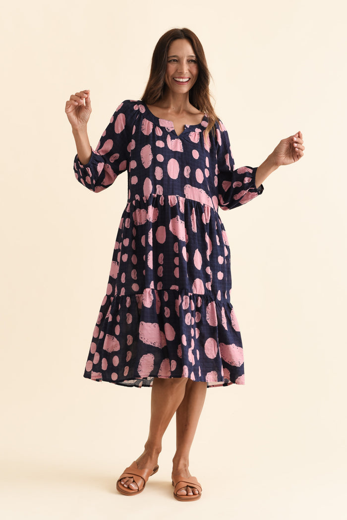 Irene Navy Spot Cotton Blend Dress,Brunette model,alt text|model:Cara