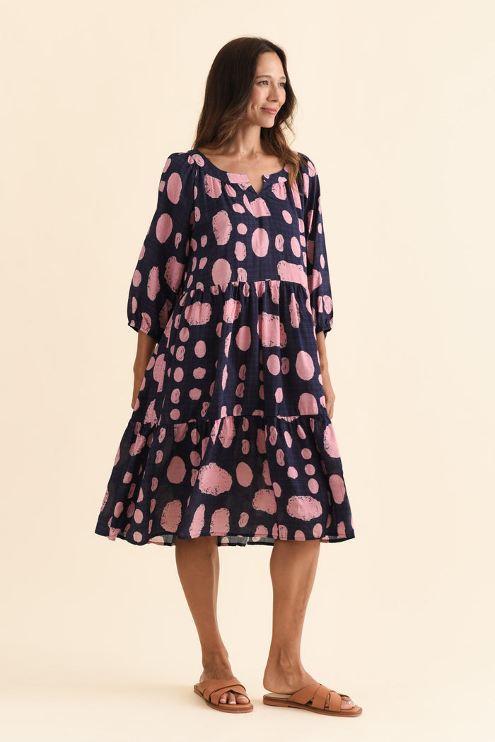 Irene Navy Spot Cotton Blend Dress,Brunette model,alt text|model:Cara