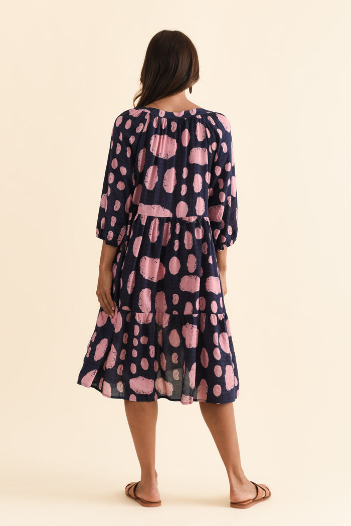 Irene Navy Spot Cotton Blend Dress,Brunette model,alt text|model:Cara