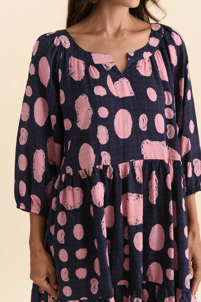 Irene Navy Spot Cotton Blend Dress,Brunette model,alt text|model:Cara