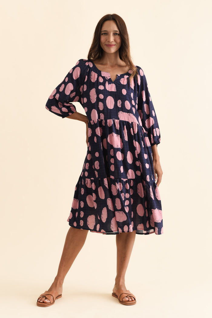 Irene Navy Spot Cotton Blend Dress,Brunette model,alt text|model:Cara