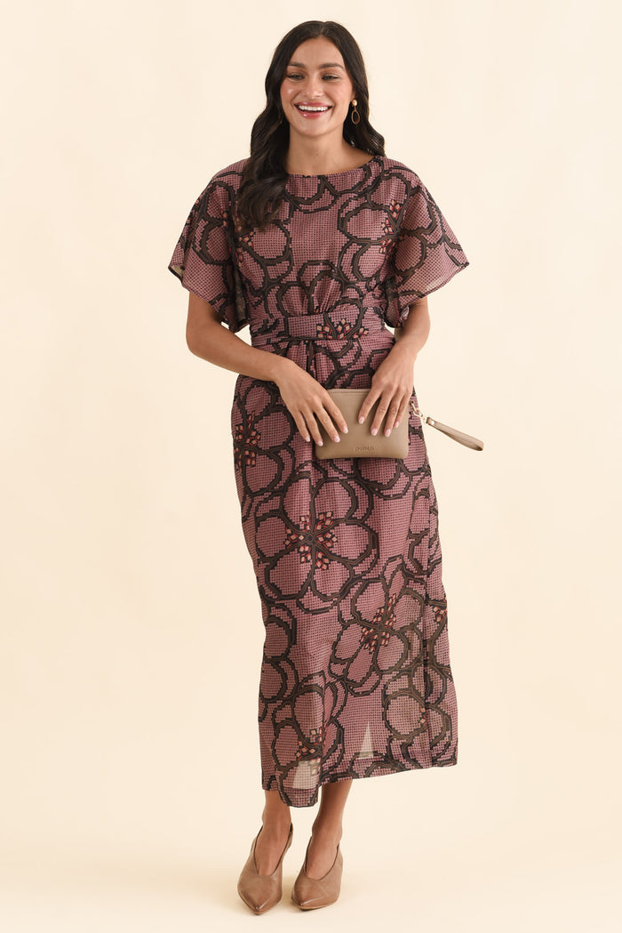 Isa Pink Floral Cotton Silk Dress,Brunette model,alt text|model:Brontie