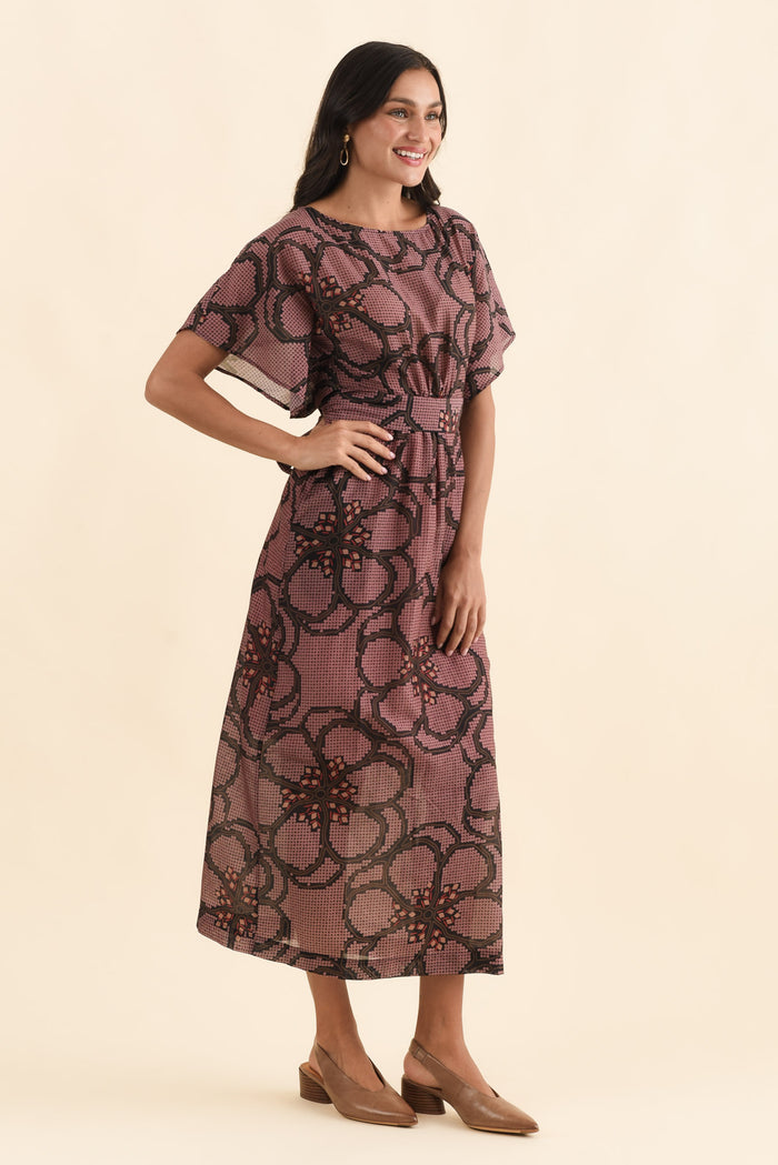 Isa Pink Floral Cotton Silk Dress,Brunette model,alt text|model:Brontie