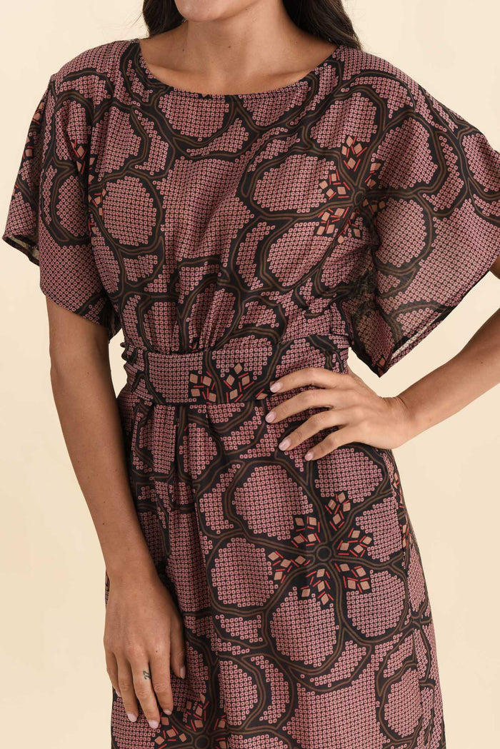 Isa Pink Floral Cotton Silk Dress,Brunette model,alt text|model:Brontie