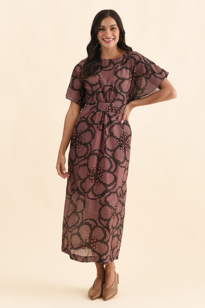 Isa Pink Floral Cotton Silk Dress,Brunette model,alt text|model:Brontie