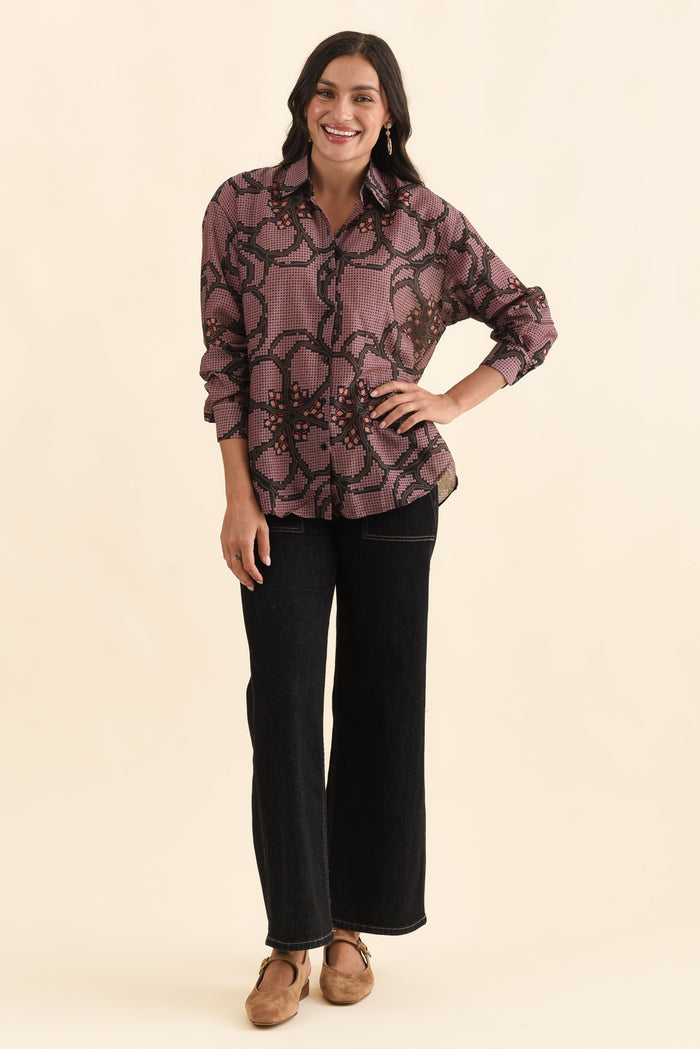 Isa Pink Floral Cotton Silk Shirt,Brunette model,alt text|model:Brontie