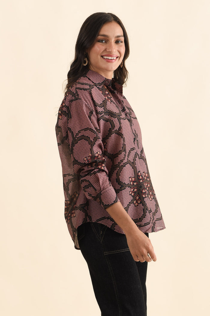 Isa Pink Floral Cotton Silk Shirt,Brunette model,alt text|model:Brontie