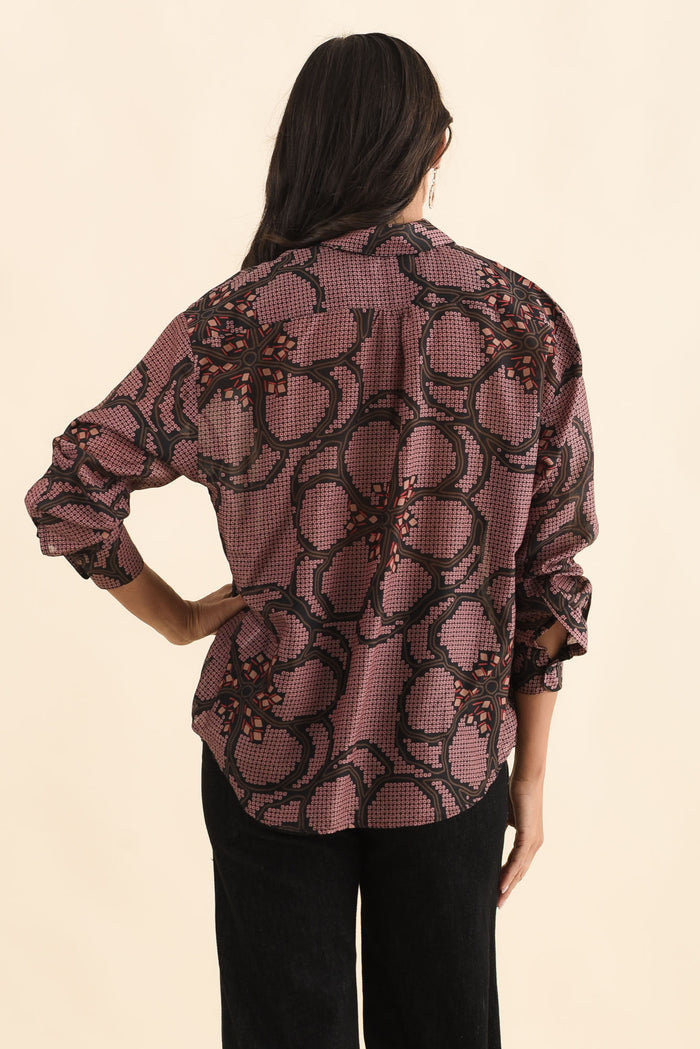 Isa Pink Floral Cotton Silk Shirt,Brunette model,alt text|model:Brontie
