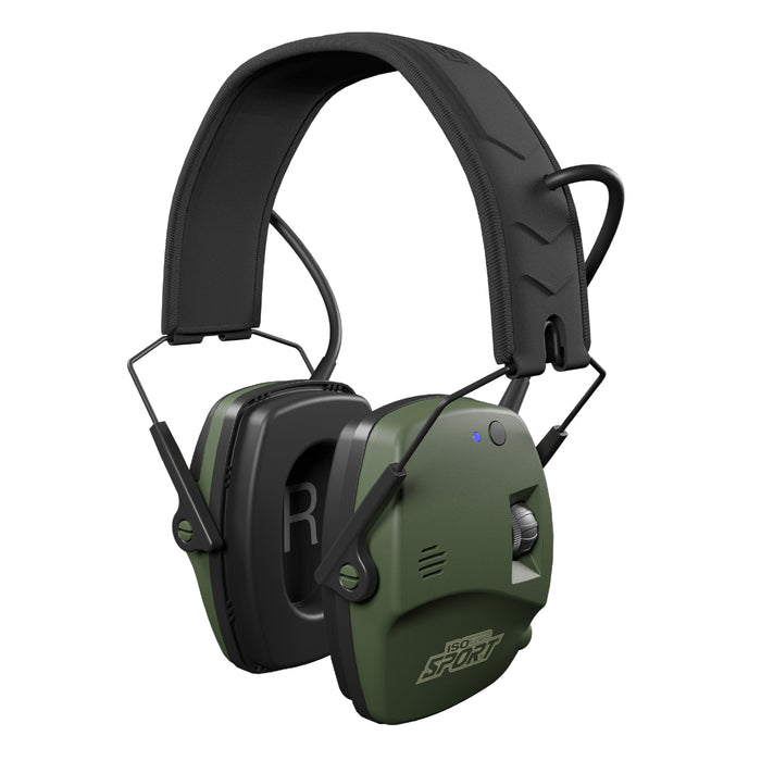 Olive green ISOtunes Sport Defy Slim tactical earmuffs with a black headband, volume dial, and sleek, low-profile design.