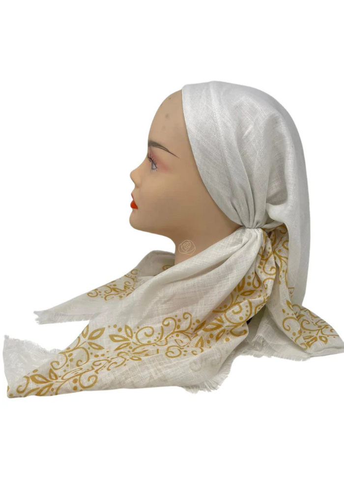 It's Younique OB-LACE-GO White with Gold Lace Border Design Pre-Tied Open Back Bandanna with Velvet Grip Myselflingerie.com