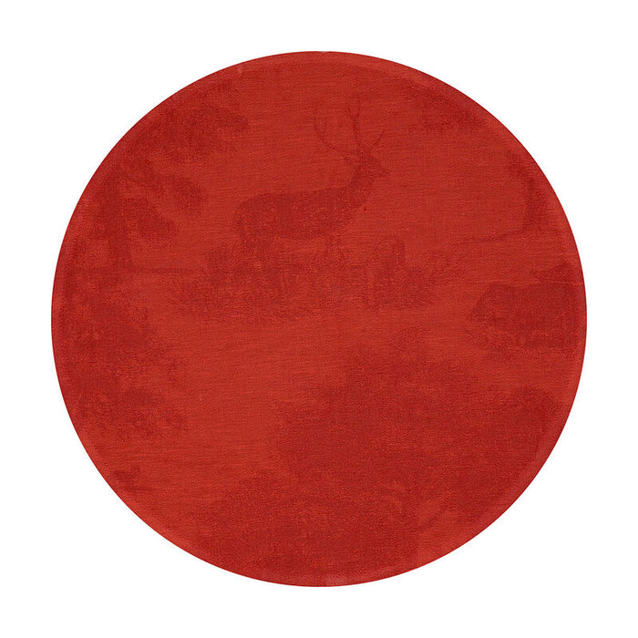 Round red linen placemat featuring an intricate forest-themed toile de Jouy wildlife motif.