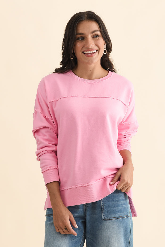 Jayne Pink Cotton Crewneck Sweatshirt,Brunette model,alt text|model:Brontie
