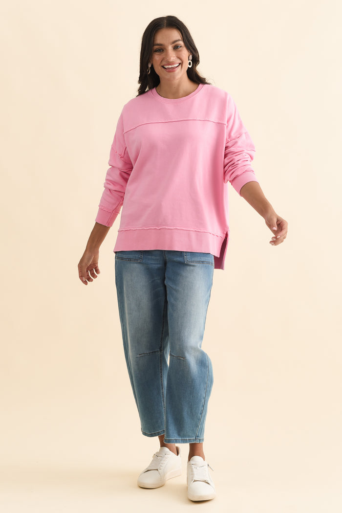 Jayne Pink Cotton Crewneck Sweatshirt,Brunette model,alt text|model:Brontie