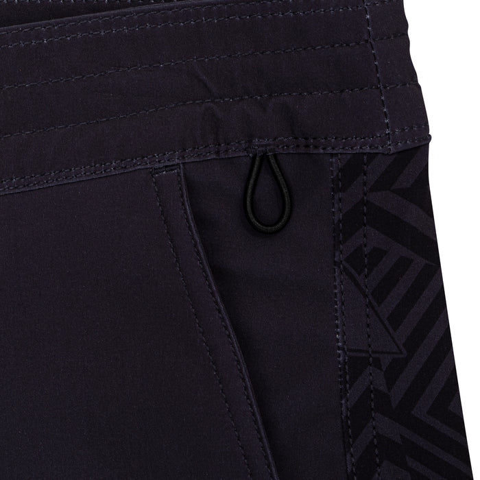Close-up of the waistband, key loop, and geometric print side panel on the Waihana Jet Black W1-PRO board shorts.