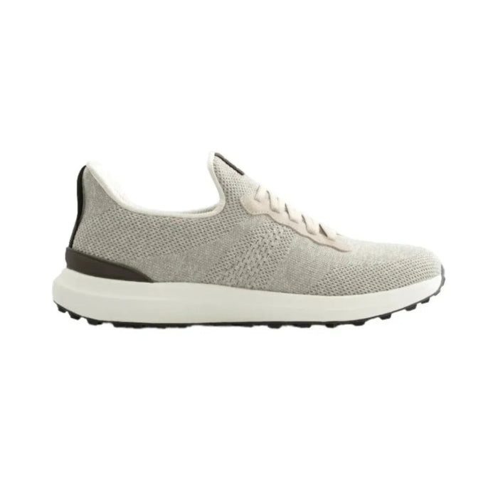 Light grey Johnnie-O Knit Range Runner 2.0 sneaker with engineered knit upper, leather accents, and golf-style tread.
