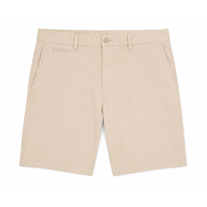 Beige Johnnie-O Nassau garment-dyed stretch cotton shorts with a 7-inch inseam and tailored front pockets.