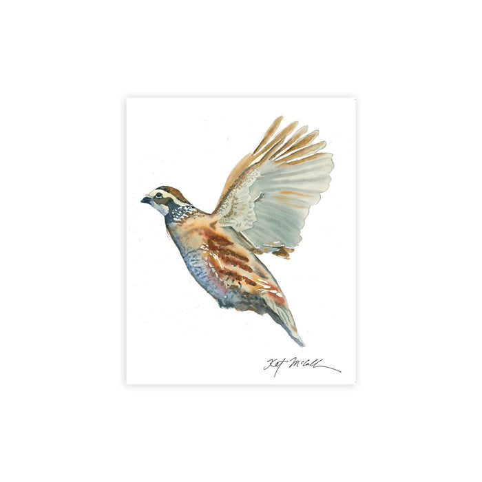 Kat McCall watercolor game bird print on 8x10 eggshell white paper featuring a bird in flight with detailed brushwork.