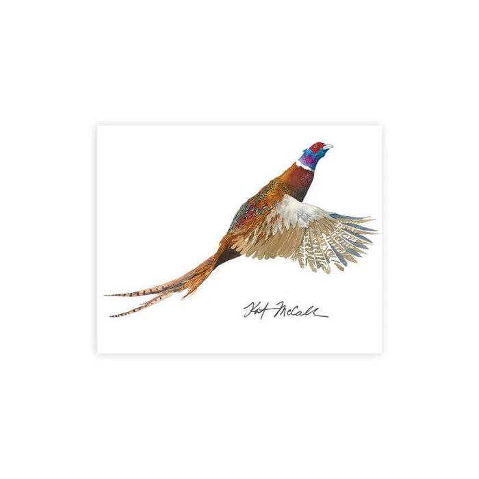 Kat McCall watercolor pheasant print on 8" x 10" eggshell white paper, featuring a flying game bird in vibrant detail.
