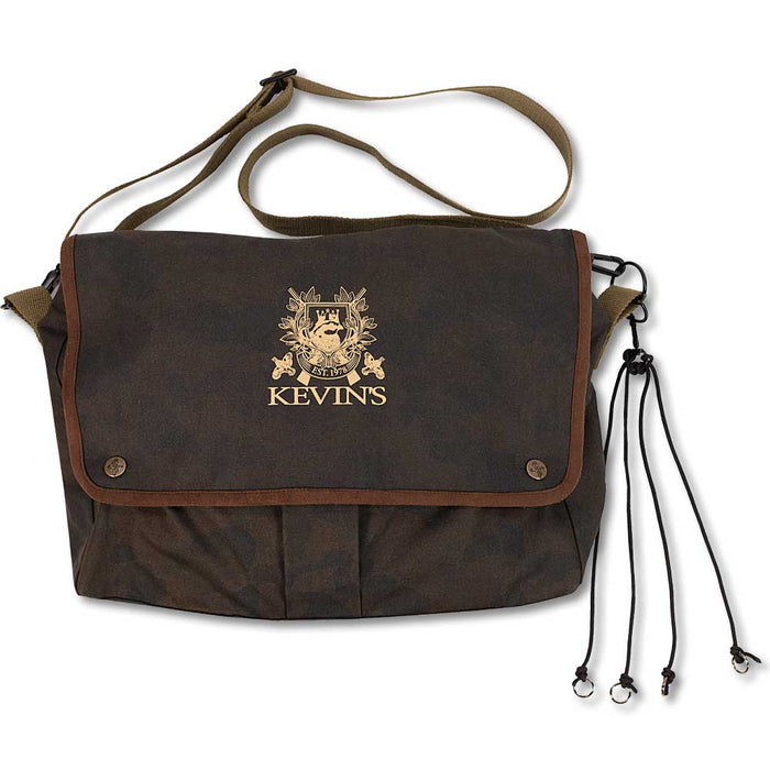 Brown waxed canvas hunting game bag with an adjustable shoulder strap, leather trim, and Kevin's logo embroidery.